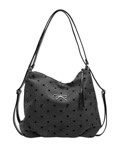 Sac fourre-tout en toile grise à pois noirs et charm nœud argenté sur fond blanc pur