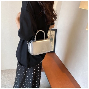 Detail of silver metallic handbag with round handle and metal chain on a model