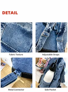 Detail view of denim backpack showing washed fabric texture and adjustable metal straps