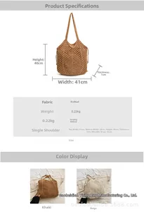 Detailed size chart and specifications for large hollow knit cotton shoulder tote bag