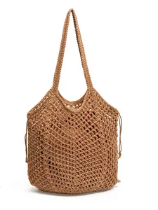 Brown crochet cotton tote bag with hollow knit design and long shoulder straps