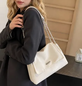 Side view of white chain strap shoulder bag on model with glossy texture detail