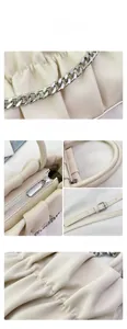 Detailed view of beige pleated handbag with silver chain and leather handle
