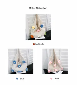 Detailed knit texture of handmade tote bags with colorful 3D crochet flower patterns