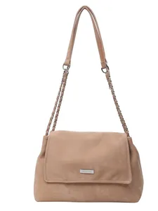 Chic beige crossbody chain bag made of premium suede leather for daily commuting