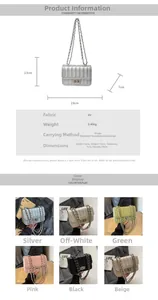 Detailed size specifications and color chart for the quilted PU leather chain crossbody bag