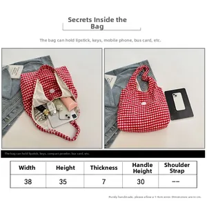 Detailed size chart and capacity display for the red and white checkered canvas tote bag