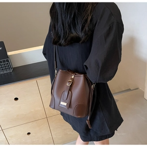 Detail of dark brown lychee leather bucket bag with metallic buckle and drawstring strap