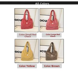 Detailed grid view showing large capacity tote bags in four distinct plaid color patterns