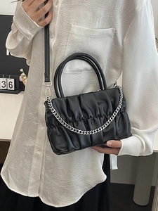 Women Ruched Crossbody Bag Minimalist PU Leather Handbag With Silver Metal Chain Fashion Cloud Shoulder Bag For Daily