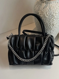 Fashionable black pleated crossbody bag with silver chain and PU leather cloud design