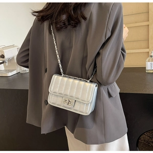 Detail of silver metallic quilted crossbody bag with rhinestone buckle on model back