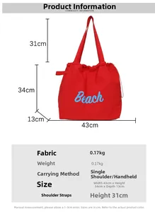 Especificaciones detalladas de dimensiones del bolso playero de nailon rojo con letras