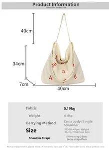 Infografica borsa tote in velluto bianco 40x34x7cm con scritte rosse e dimensioni