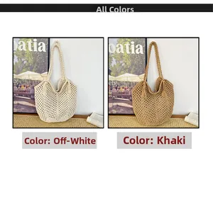 Detailed comparison of beige and khaki woven hollow beach bags with elegant tassel charms