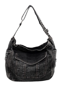 Retro charcoal denim crossbody bag with distressed edges and adjustable metal strap