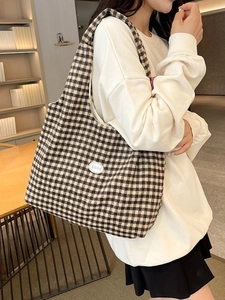 Women Large Capacity Gingham Tote Bag Nylon Checkered Shoulder Bag Retro Casual Handbag For Daily Travel Commuting Fashion Accessory