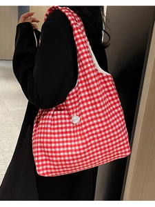Casual red and white gingham tote bag for women featuring a circular good logo patch