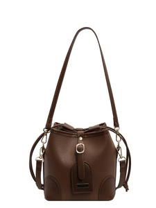 Vintage dark brown bucket bag in lychee pattern leather with golden hardware accents