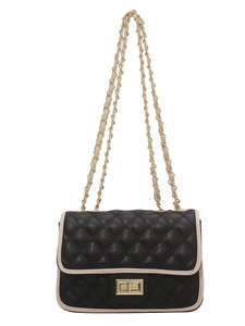 Elegante borsa a tracolla trapuntata nera con profili color crema e chiusura oro