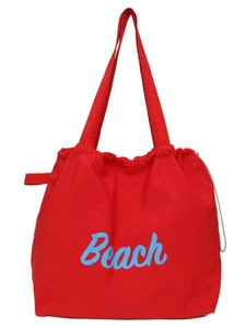 Bolso tote grande de nailon rojo con texto Beach azul y cierre de cordón
