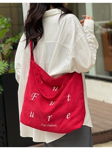 Borsa Tote in Velluto a Coste da Donna Grande Capacità Ricamo Lettere Artistiche Borsa a Tracolla per Studenti Uso Quotidiano