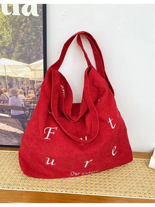 Borsa tote in velluto a coste rosso con stampa FUTURE per studenti in stile minimalista
