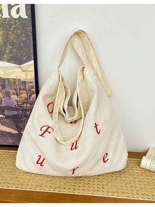 Borsa tote minimalista in velluto a coste beige con ricamo Future rosso per studio e uso