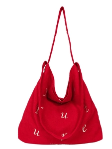 Grande borsa tote in velluto a coste rosso con ricamo di lettere bianche per studentesse