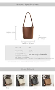 Detailed technical specification for PU leather bucket bag showing 21x26x13cm dimensions