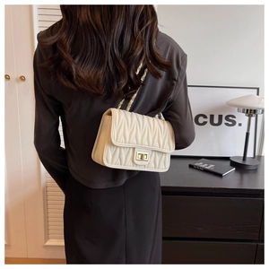 Detail of cream white quilted chain bag with gold twist lock and woven strap on model