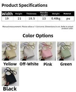 Size chart and color display for PU leather bucket bag with silk scarf handle detail
