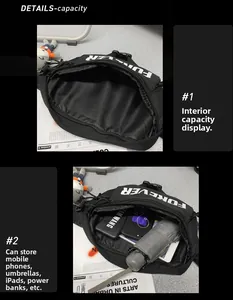 Internal capacity detail of black crossbody bag showing space for phone and umbrella