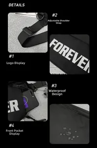 Detail of waterproof nylon crossbody bag showing hydrophobic coating and forever logo