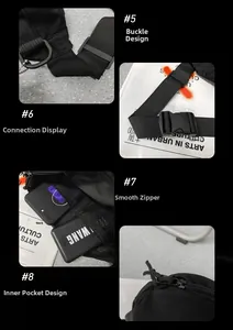 Close-up of nylon strap, buckle, smooth zipper and internal mesh pocket storage detail