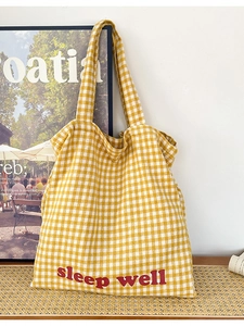 Yellow and white gingham tote bag with sleep well embroidery and wide shoulder strap