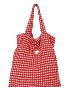 Classic red and white gingham tote bag with double handles and a central logo patch
