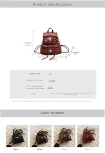 Especificaciones de tamaño y opciones de color para esta mochila de cuero PU elegante