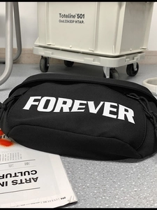 Urban black nylon chest bag with white FOREVER text print for street style fashion