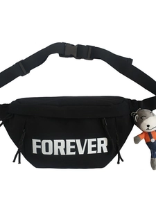 Black sporty crossbody bag with white Forever text and a cute donkey plush toy