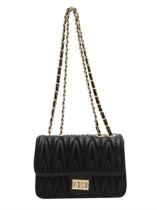 Elegant black quilted crossbody bag with gold chain strap and metallic twist lock closure