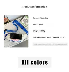 Detailed specs of white nylon waist bag with GOOD LUCK print and blue strap