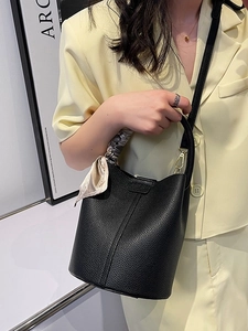 Women Litchi Pattern PU Leather Bucket Bag Elegant Minimalist Handbag With Satin Scarf Decor Shoulder Crossbody Bag For Daily