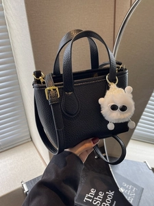 Women Fashion Pebbled PU Leather Small Bucket Bag With Furry Monster Pendant Minimalist Crossbody Tote Handbag Daily Use