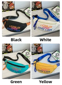 Detail view of nylon waist bags in black, white, green, and yellow with letter prints