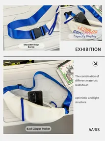 Detail of adjustable blue strap buckle and anti-theft back pocket on white chest bag