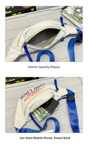 Detail view of white waist bag interior showing spacious storage for phone and accessories