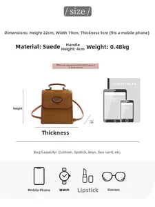 Size chart showing dimensions for vintage brown suede backpack with capacity icons