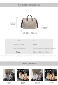Detailed sizing chart and nylon tote bag dimensions showing 38x27x10cm with multi-angle straps