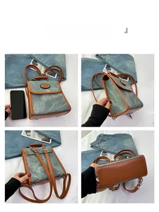 Detailed views of a green denim backpack with brown leather trim and metal NICE logo